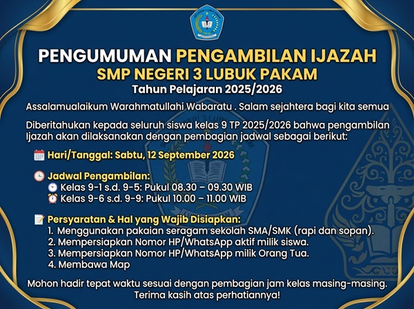 Pengumuman Pengambilan Ijazah Kelas 9 TP 2025/2026